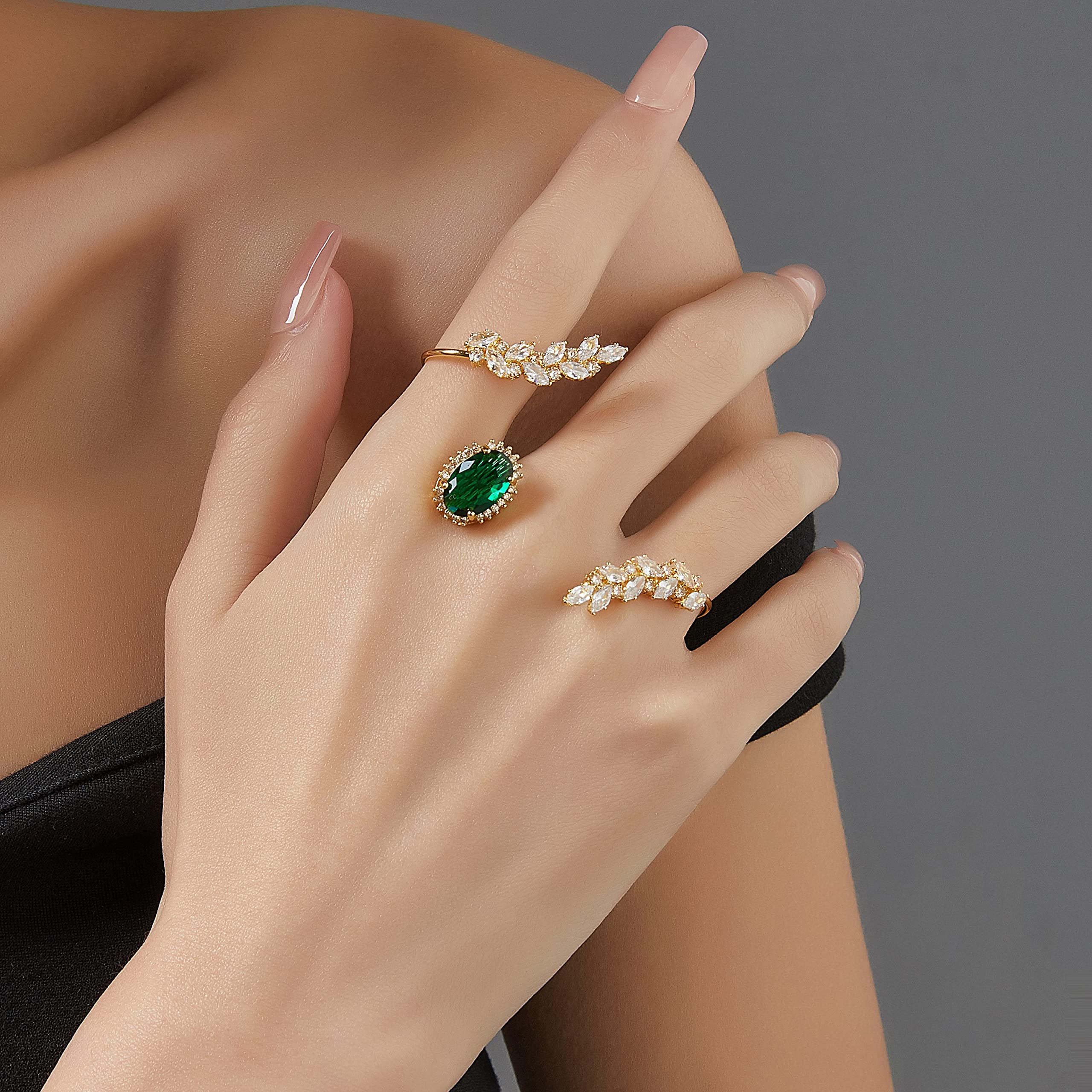 Aprilery Three-Fingers Statement Ring, Emerald Stone CZ Cubic Zirconia Crystal Hand Fingers Rings Leaf Shape Jewelry Ring Unique Adjustable Prom Accessories Gifts for Women