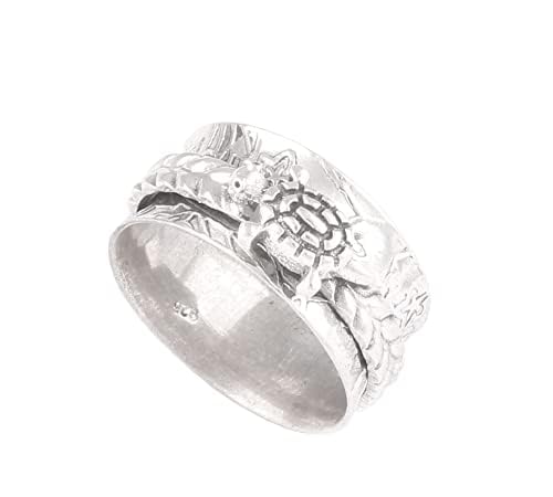 Silver Boho Solid 925 Sterling Silver Turtle Band Designer Spinner Ring For Women, Handmade Textured Band Anxiety Ring Gifts For Her Wedding Anniversary (9)