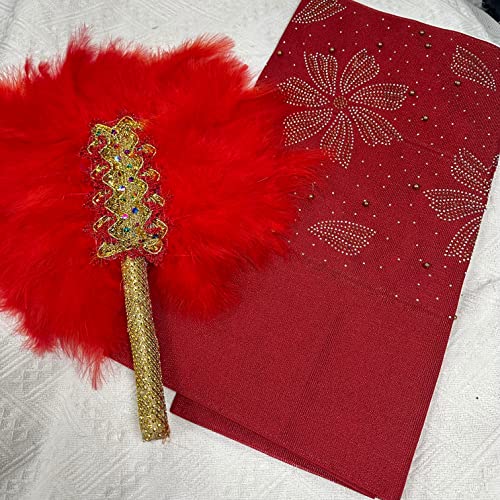 Msbfea RED Feather Fan with ASO Oke Headtie Matching for Ladies Wedding Party Nigerian Style Fan Design African - ASO Fan Color 286