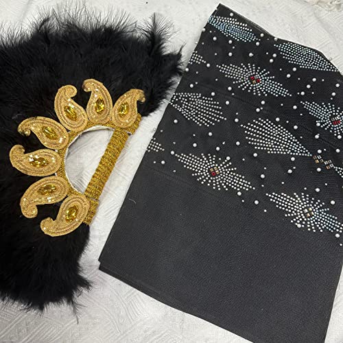 Msbfea Black Feather Fan with ASO Oke Headtie Matching for Ladies Wedding Party Nigerian Style Fan Design African - ASO Fan Color 267