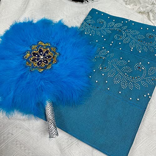 Msbfea Sky Blue Feather Fan with ASO Oke Headtie Matching for Ladies Wedding Party Nigerian Style Fan Design African - ASO Fan Color 238