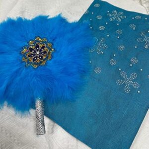 Msbfea Sky Blue Feather Fan with ASO Oke Headtie Matching for Ladies Wedding Party Nigerian Style Fan Design African - ASO Fan Color 238