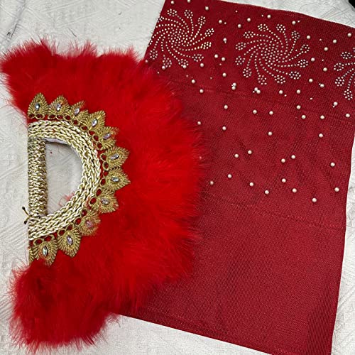 Msbfea RED Feather Fan with ASO Oke Headtie Matching for Ladies Wedding Party Nigerian Style Fan Design African - ASO Fan Color 286