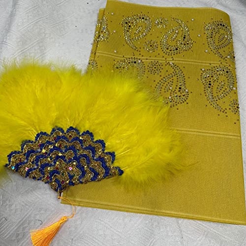 Msbfea Yellow Feather Fan with ASO Oke Headtie Matching for Ladies Wedding Party Nigerian Style Fan Design African - ASO Fan Color 295