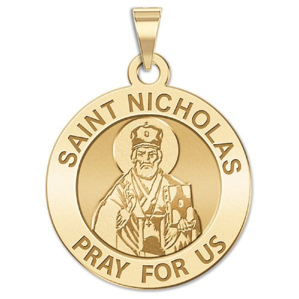 PicturesOnGold.com Saint Nicholas Religious Medal EXCLUSIVE - 14k Yellow Gold - 2/3 x 2/3 Inch Size of Dime - Protection Jewelry Christian Gifts for Men & Women