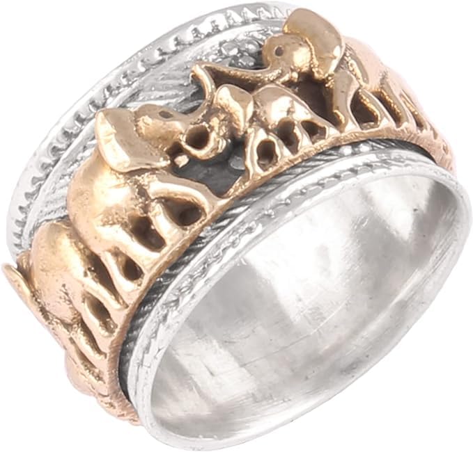 Silver Boho Solid 925 Sterling Silver Elephant Band Designer Spinner Ring For Women, Handmade Two Tone Designer Meditation Band Anxiety Ring Gifts For Her Wedding Anniversary (7)