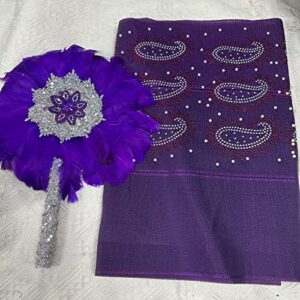 Msbfea Purple Feather Fan with ASO Oke Headtie Matching for Ladies Wedding Party Nigerian Style Fan Design African - ASO Fan Color 253