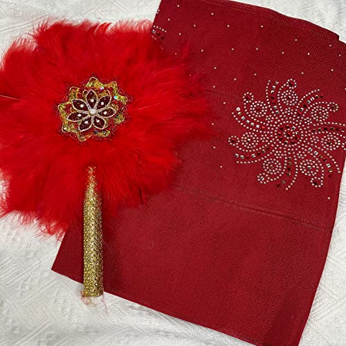 Msbfea RED Feather Fan with ASO Oke Headtie Matching for Ladies Wedding Party Nigerian Style Fan Design African - ASO Fan Color 286