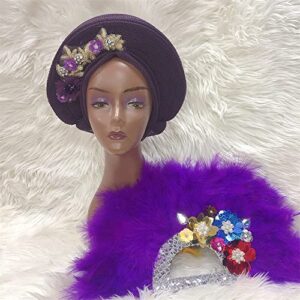 Msbfea Feather Fan Big Size African White Feather with Autogele Headtie Turban Cap Matching 1headtie+1fan Color 311