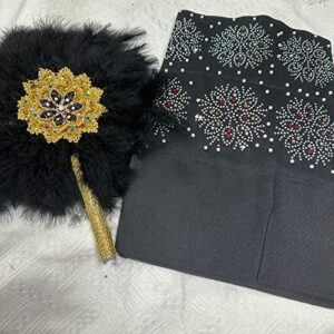 Msbfea Black Feather Fan with ASO Oke Headtie Matching for Ladies Wedding Party Nigerian Style Fan Design African - ASO Fan Color 267