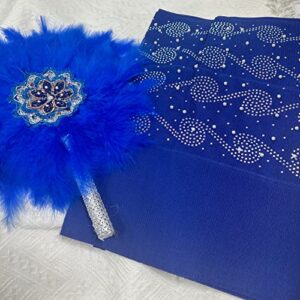 Msbfea Blue Feather Fan with ASO Oke Headtie Matching for Ladies Wedding Party Nigerian Style Fan Design African - ASO Fan Color 198