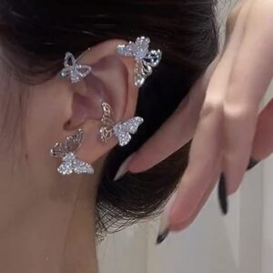 YRlilicc 2Pcs Sparkly Rhinestone Butterfly Ear Cuff Vintage Non-Piercing Fake Earrings Bridal Wedding Climber Ear Wrap Prom Ball Ear Jewelry for Women