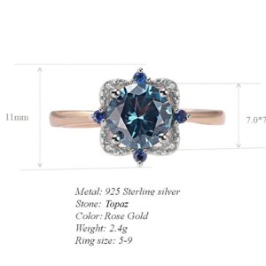 KIOYDISE 925 Sterling Silver Fashion Princess Cut Cubic Zircon Ring Rose Gold Plated 925 Sterling Silver Gemstone Cushion Shape London Blue Topaz Wedding Ring(8)