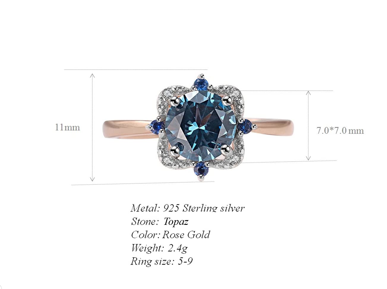 KIOYDISE 925 Sterling Silver Fashion Princess Cut Cubic Zircon Ring Rose Gold Plated 925 Sterling Silver Gemstone Cushion Shape London Blue Topaz Wedding Ring(8)