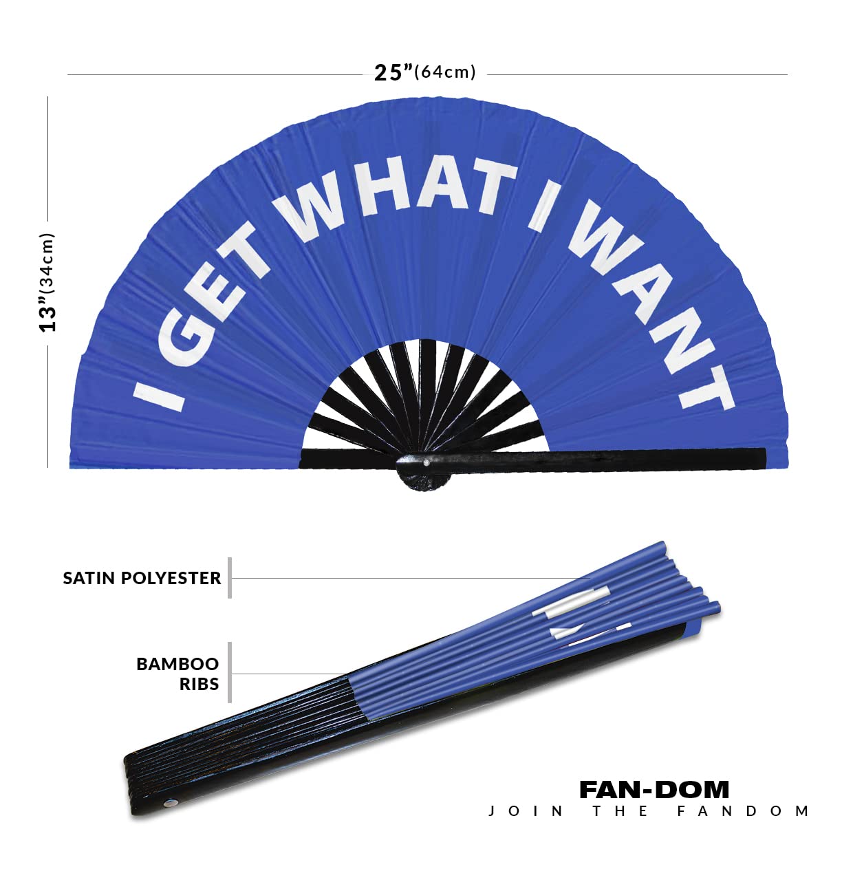 I Get What I Want hand fan foldable bamboo circuit hand fan funny gag slang words expressions statement gifts Festival accessories Rave handheld Circuit event fan Clack fans (Blue)