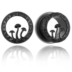 LADEMAYH 2Pcs Elegant Mushroom 5/8 Gauges for Ears, Black 16mm Gauges for Women, 5/8 Plugs for Ears, Surgical Steel 5/8 Ear Gauges Saddle Tunnels Earrings