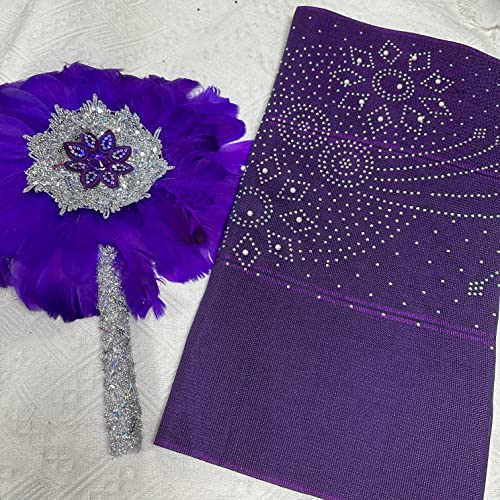 Msbfea Purple Feather Fan with ASO Oke Headtie Matching for Ladies Wedding Party Nigerian Style Fan Design African - ASO Fan Color 253