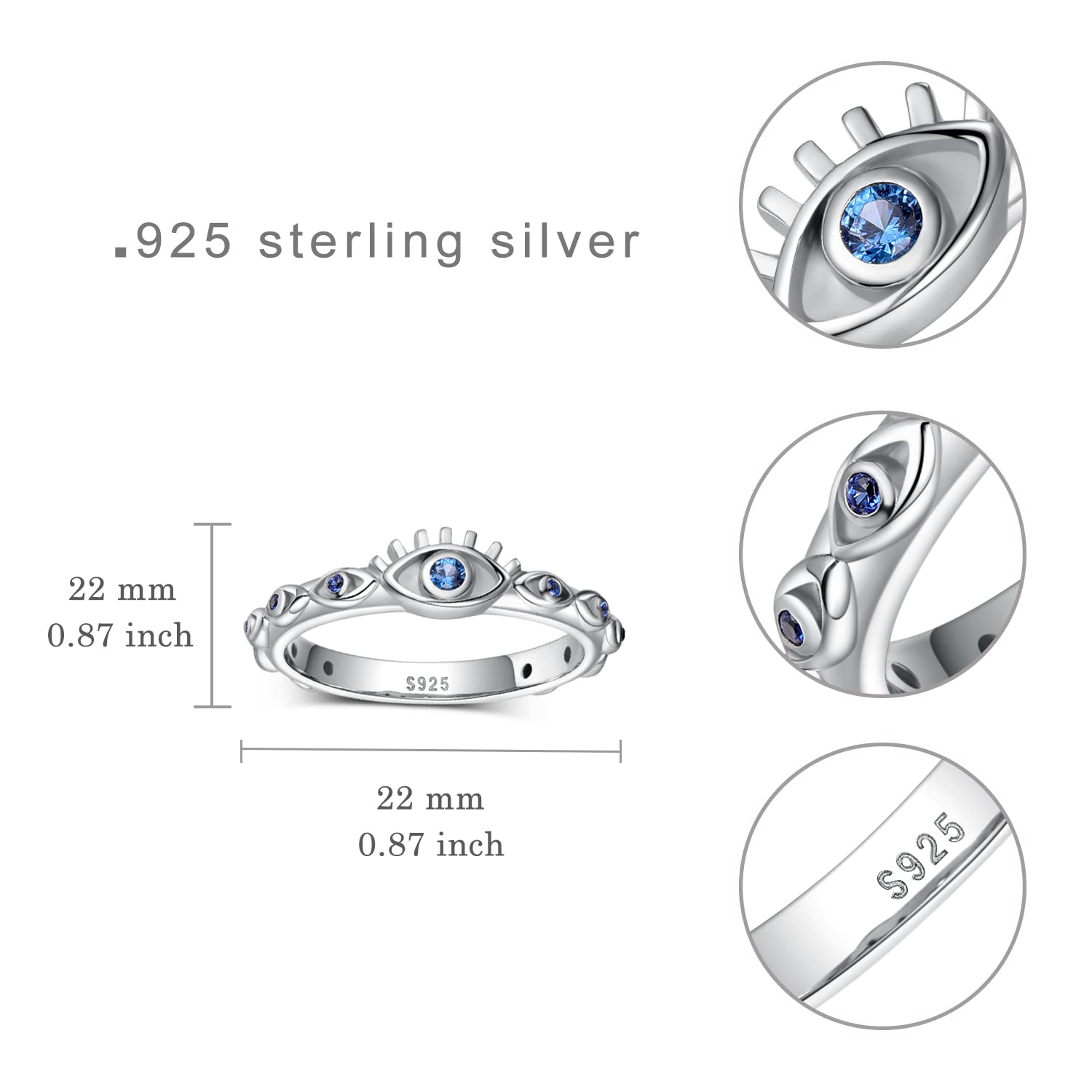 SCZKLAQ Evil Eye Ring for Women 925 Sterling Silver Blue Evil Eye Rings Blue Eyes Lucky Spiritual Protection Jewelry Gift for Women (8)