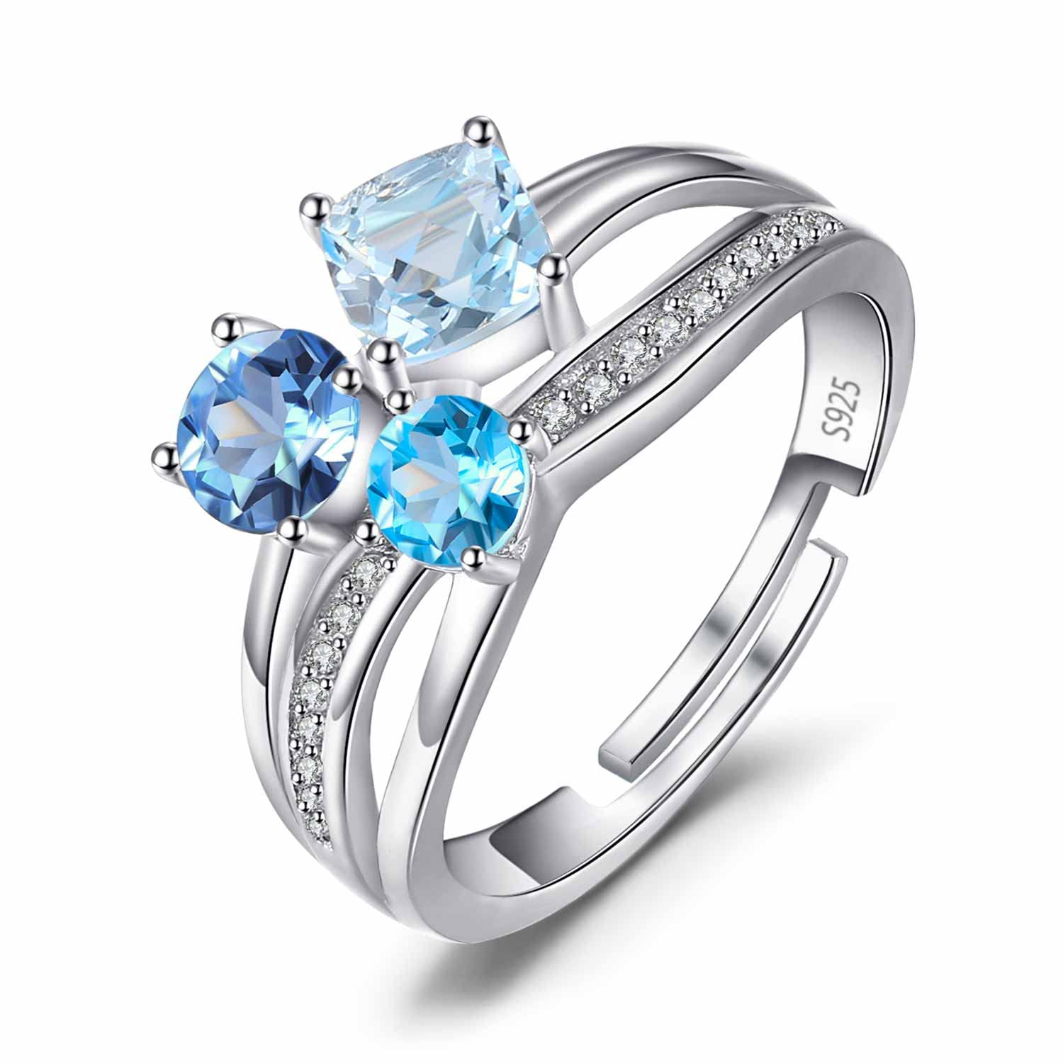 JewelryPalace Infinity 1.7ct 3 Stones Genuine Multicolor London Blue Topaz Rings for Her, 14K White Gold 925 Sterling Silver Adjustable Open Ring for Women, Natural Gemstone Jewelry Sets