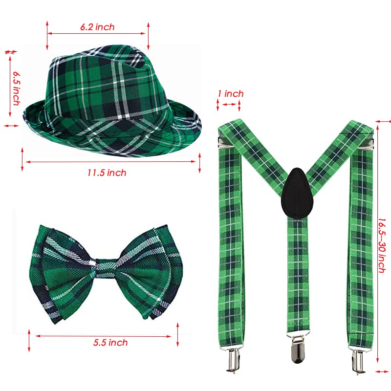 DimiGlobal St Patricks Day Hats Bow Tie and Suspenders Set for Women Men Adult Green Irish outfit Saint Pattys Day hat Green Bow Tie and Suspenders for Girls and boys St Patrick's Day Party Supplies