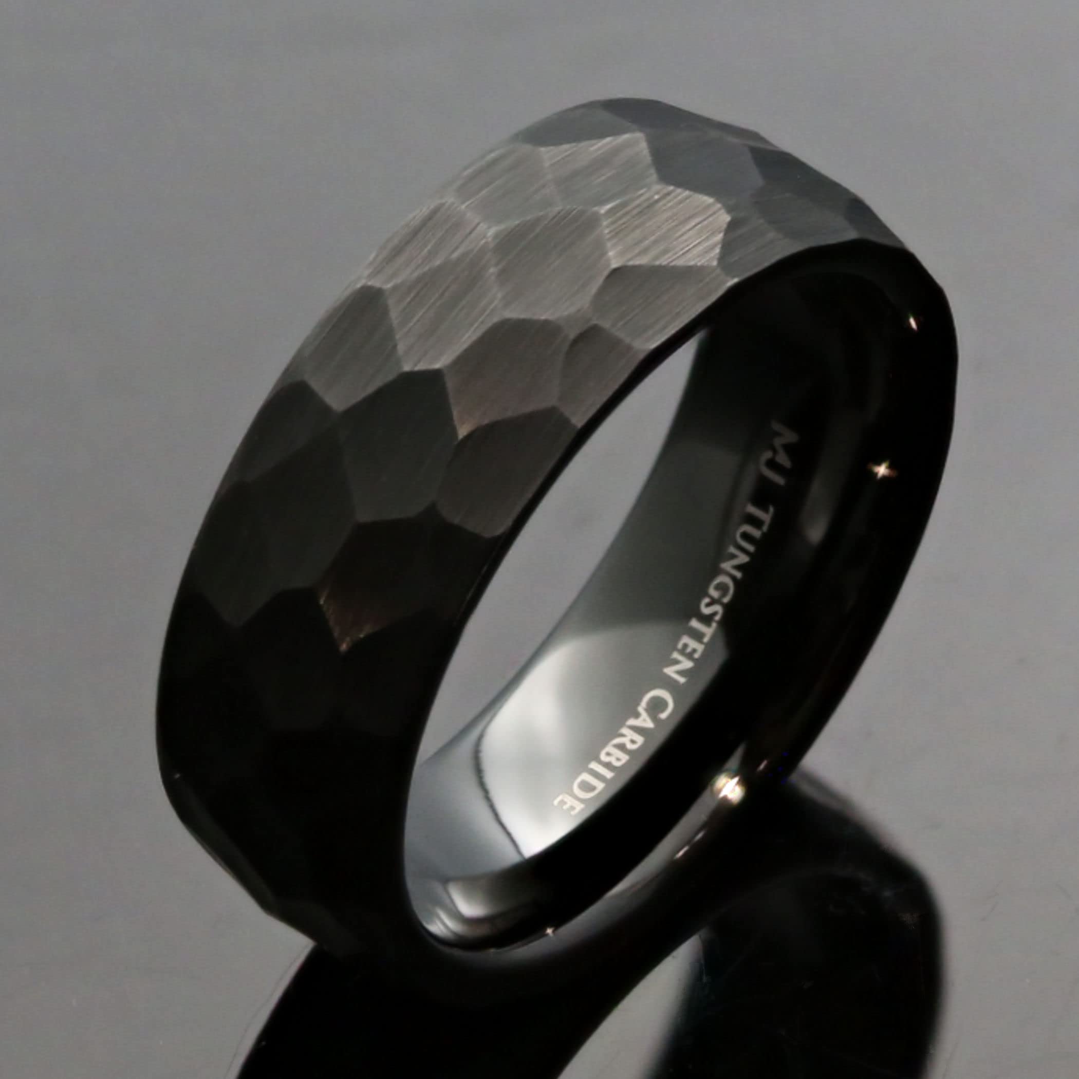 Tungsten Carbide 8mm Hammered Black Obsidian Style Wedding Band, COMFORT FIT Ring Size 11.5