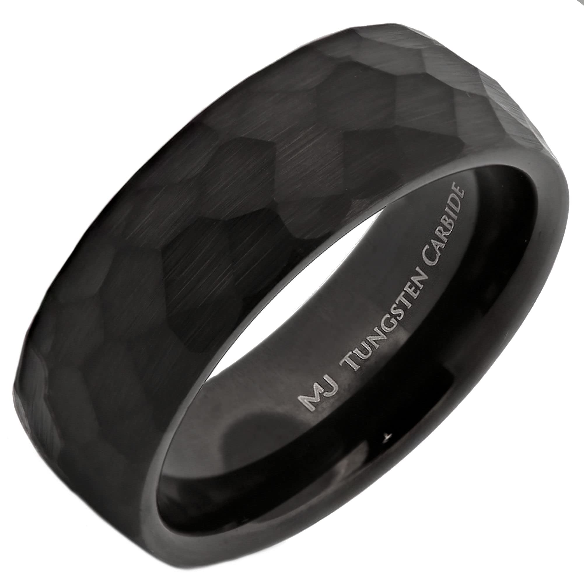 Tungsten Carbide 8mm Hammered Black Obsidian Style Wedding Band, COMFORT FIT Ring Size 11.5