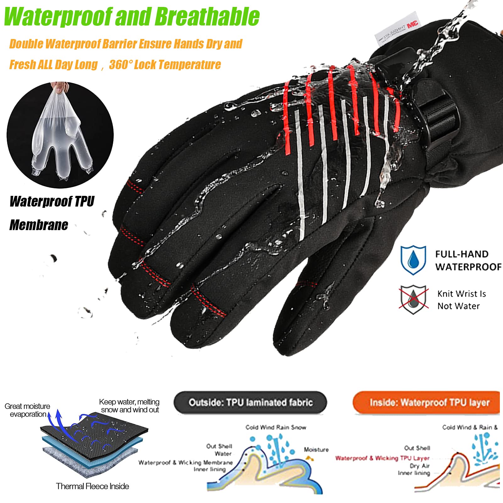 MOREOK Waterproof & Windproof -10°F Winter Gloves for Men/Women, 3M Thinsulate Thermal Gloves Touch Screen Warm Gloves for Skiing,Cycling,Motorcycle,Running-Red-XXL