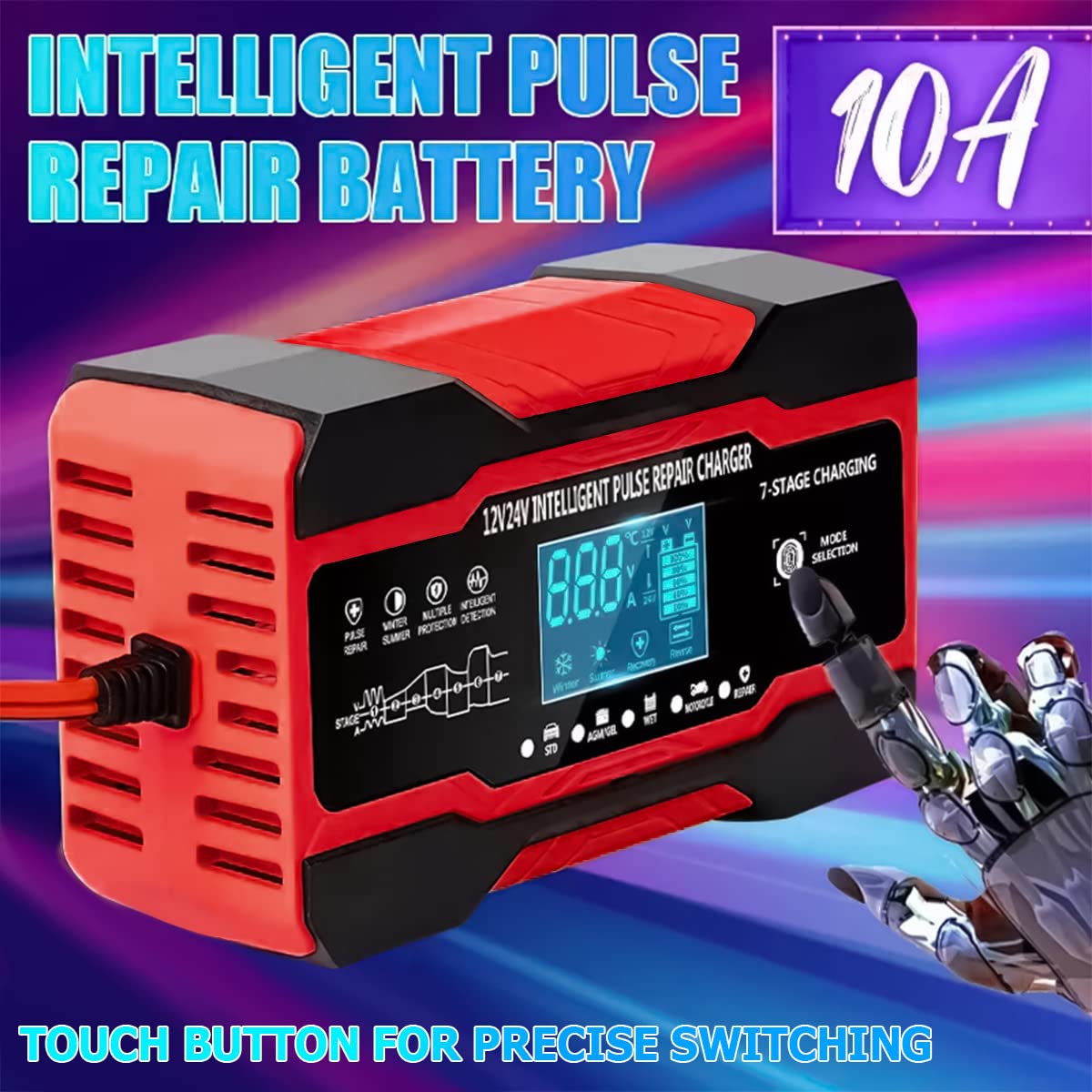 10-Amp Car Battery Charger, 12V and 24V Fully Automatic Smart Car Battery Desulfator, Battery Maintainer Trickle Charger, Battery Maintainer with Temperature Compensation for Boat Motorcycle