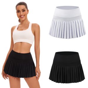 2 Pack Tennis Skirts for Women with Pockets High Waist Athletic Shorts Pleated Sports Golf Skorts Small Black White