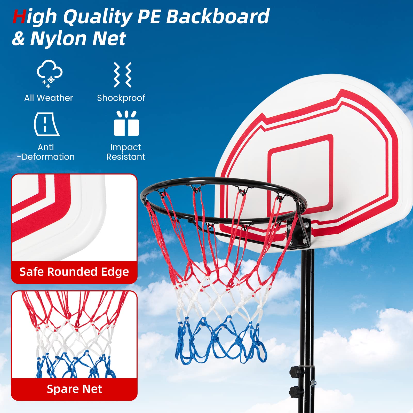 GYMAX Basketball Hoop, Outdoor Indoor 5.2-6.9 FT Adjustable Basketball Goal with Spare Net, Shatterproof Backboard, 2 Wheels, Portable Basketball Stand System for Kids Teens Adults, Gym Court Driveway