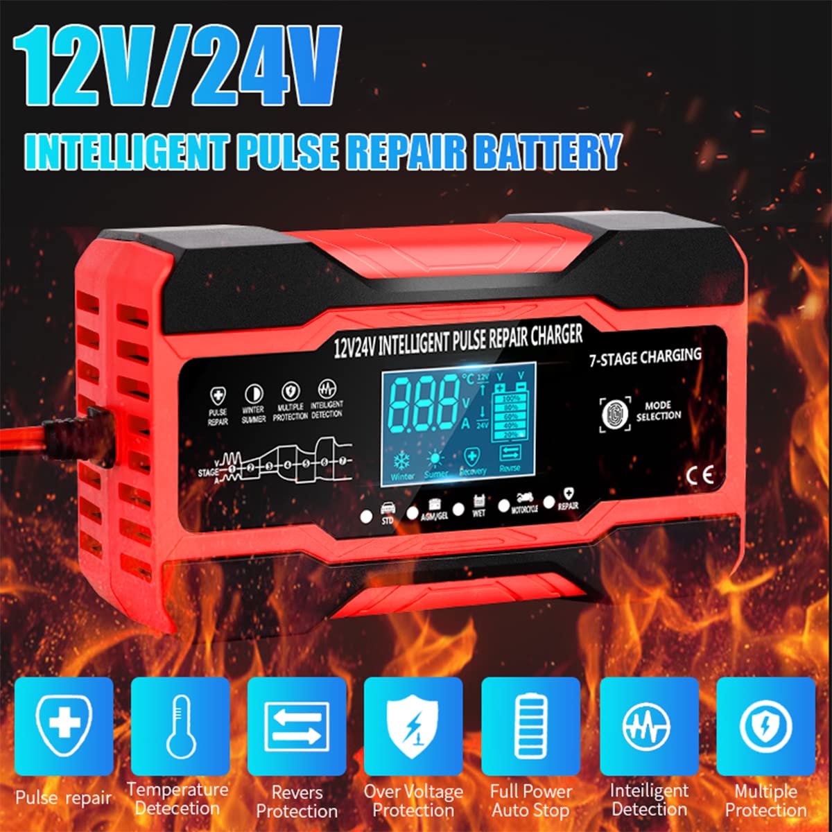 10-Amp Car Battery Charger, 12V and 24V Fully Automatic Smart Car Battery Desulfator, Battery Maintainer Trickle Charger, Battery Maintainer with Temperature Compensation for Boat Motorcycle