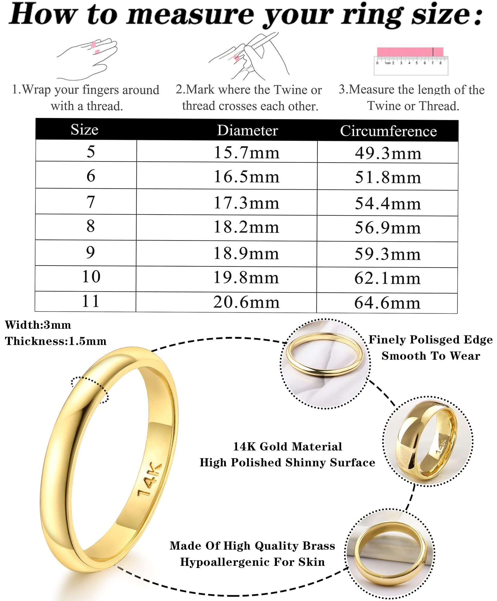 FUNEIA 14K Gold Plated Band Ring for Women Men 2mm 3mm 4mm 5mm 6mm 8mm 10mm Wedding Bands Gold Stacking Stackable Plain Statement Thumb Finger Ring Comfort Fit Size 5-11