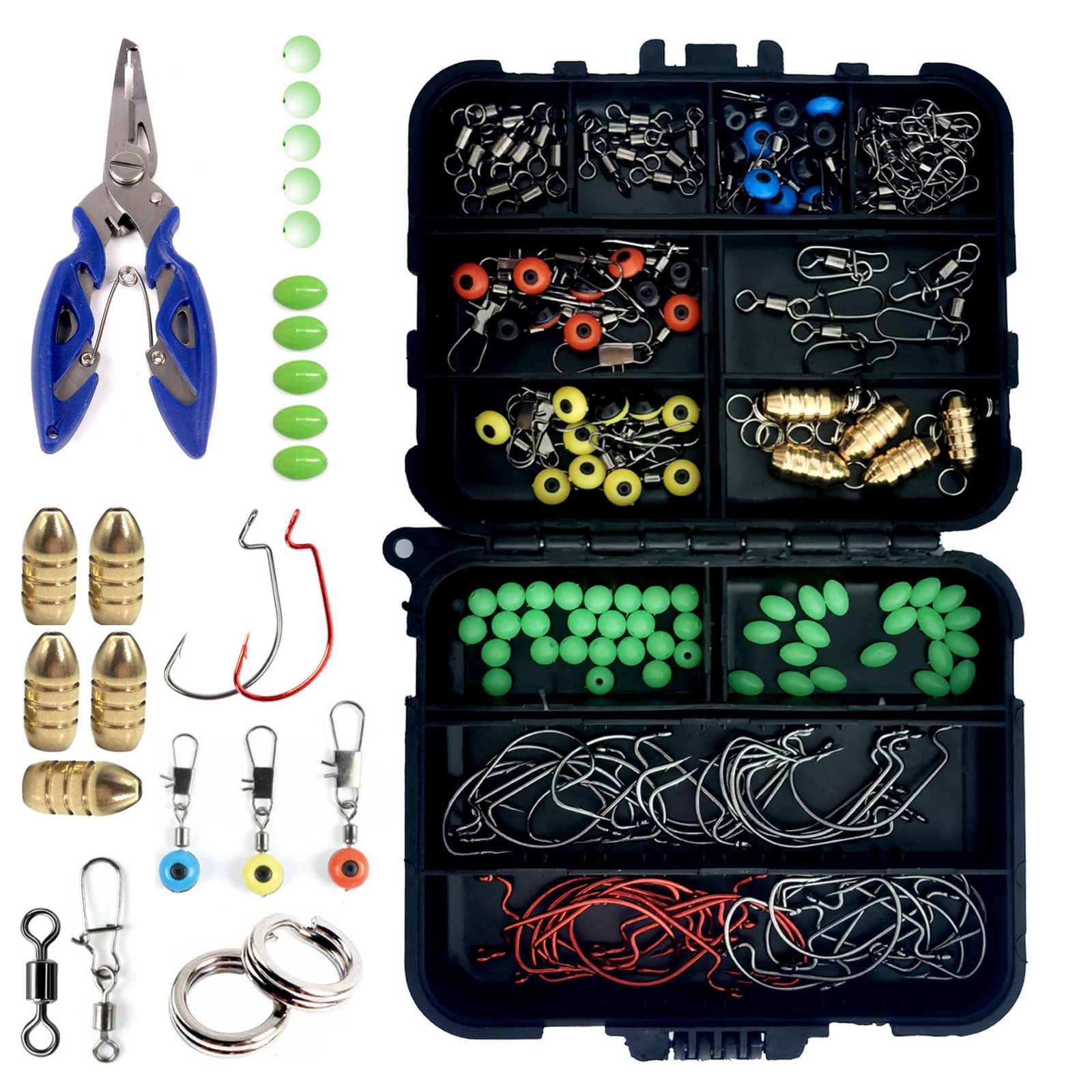 Portable 172Pcs 17 Types Fishing Accessories Jig Hooks Swivels Rings Tool Box