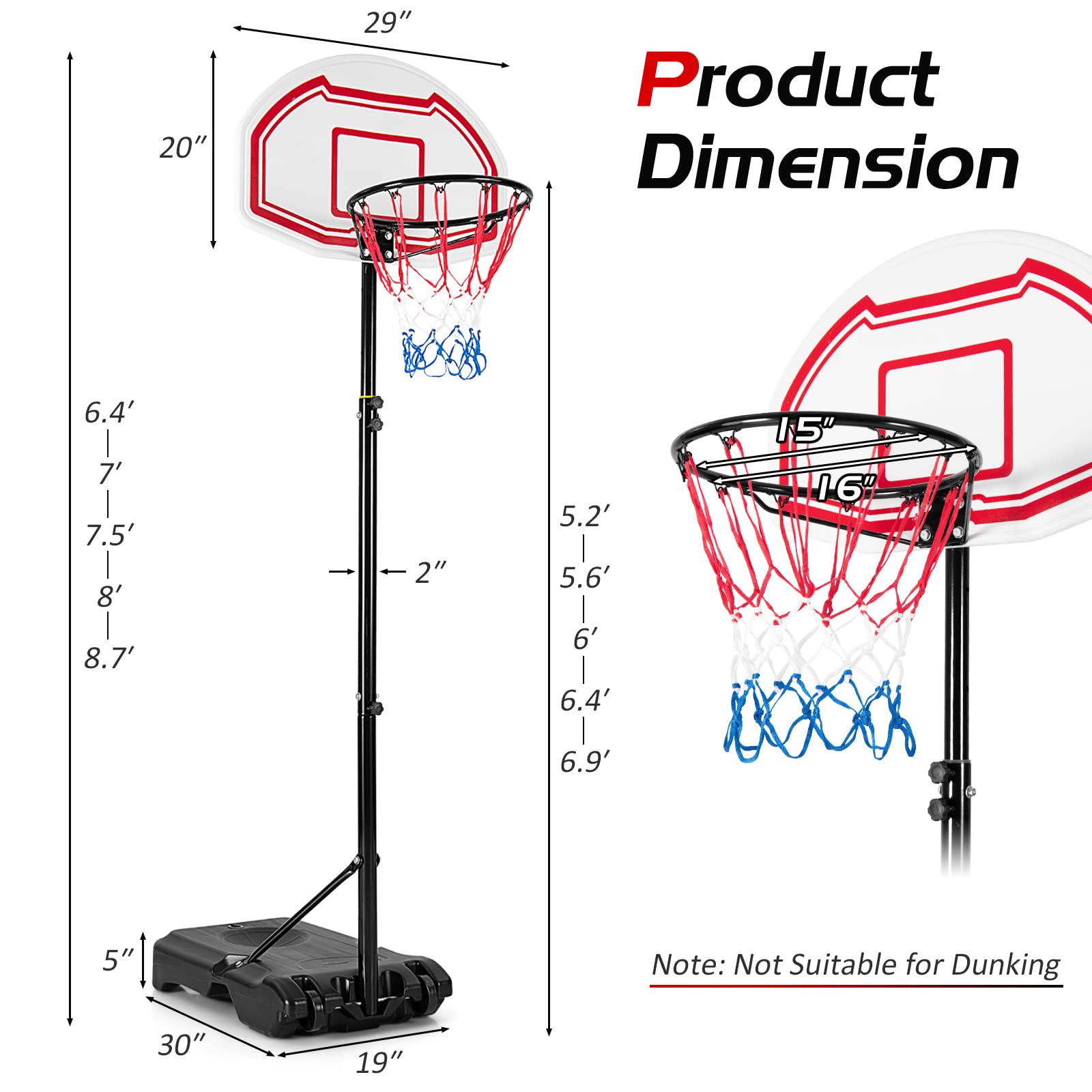 GYMAX Basketball Hoop, Outdoor Indoor 5.2-6.9 FT Adjustable Basketball Goal with Spare Net, Shatterproof Backboard, 2 Wheels, Portable Basketball Stand System for Kids Teens Adults, Gym Court Driveway