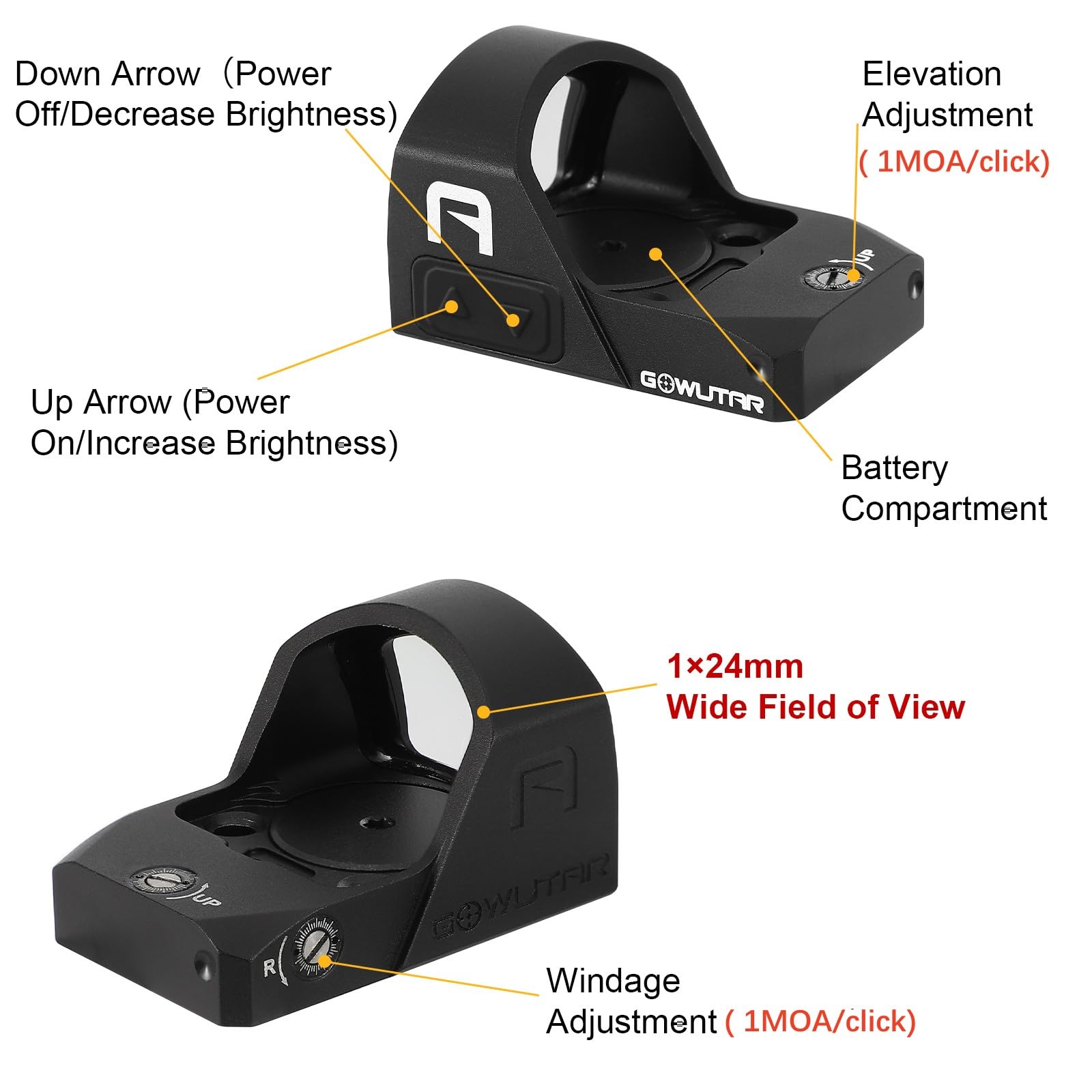 GOWUTAR A20 Green Dot Sight RMR Footprint Shake Awake Micro Reflex Sight 2 MOA Reticle 1x24mm Rifle Scope with Picatinny Mount (Green Dot)