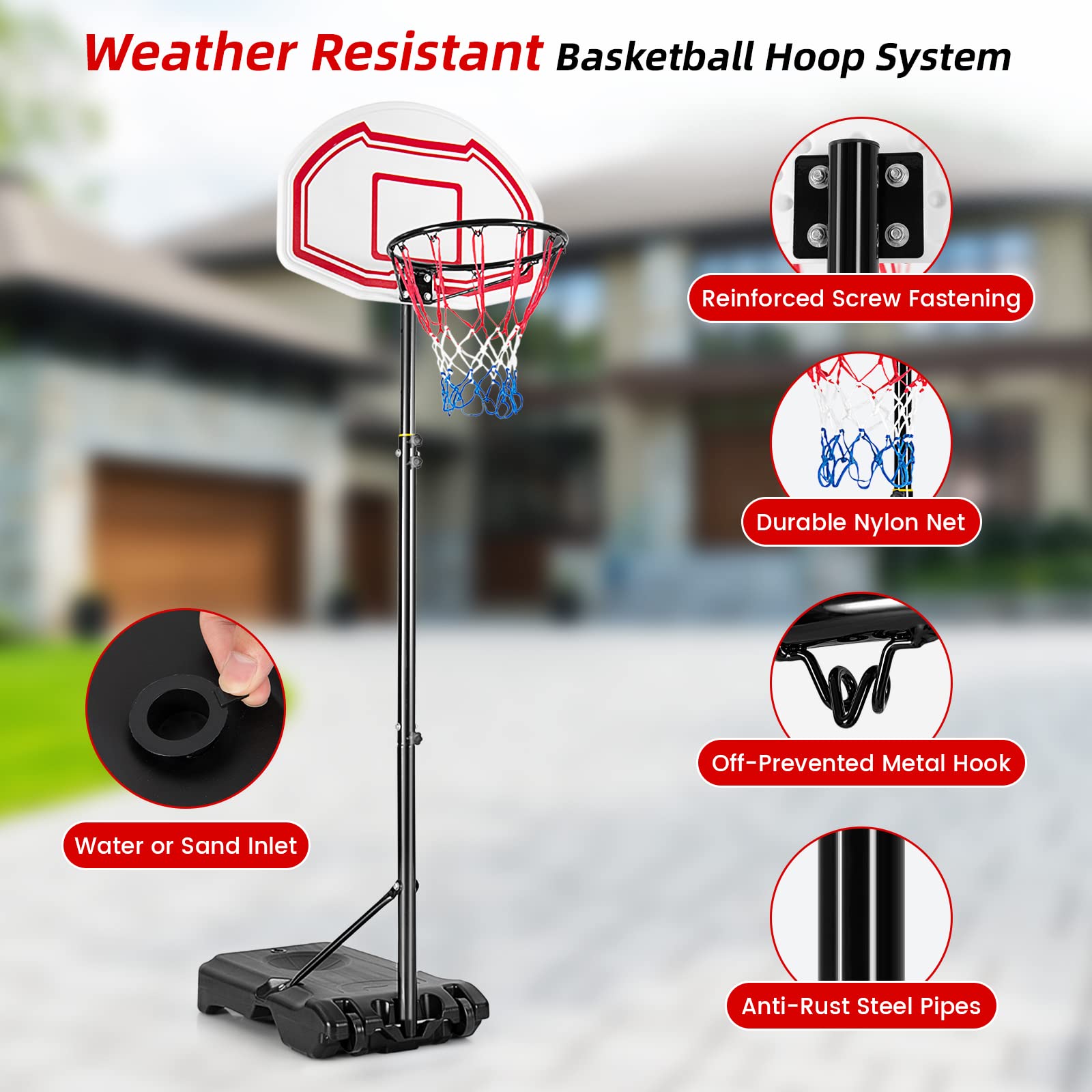 GYMAX Basketball Hoop, Outdoor Indoor 5.2-6.9 FT Adjustable Basketball Goal with Spare Net, Shatterproof Backboard, 2 Wheels, Portable Basketball Stand System for Kids Teens Adults, Gym Court Driveway