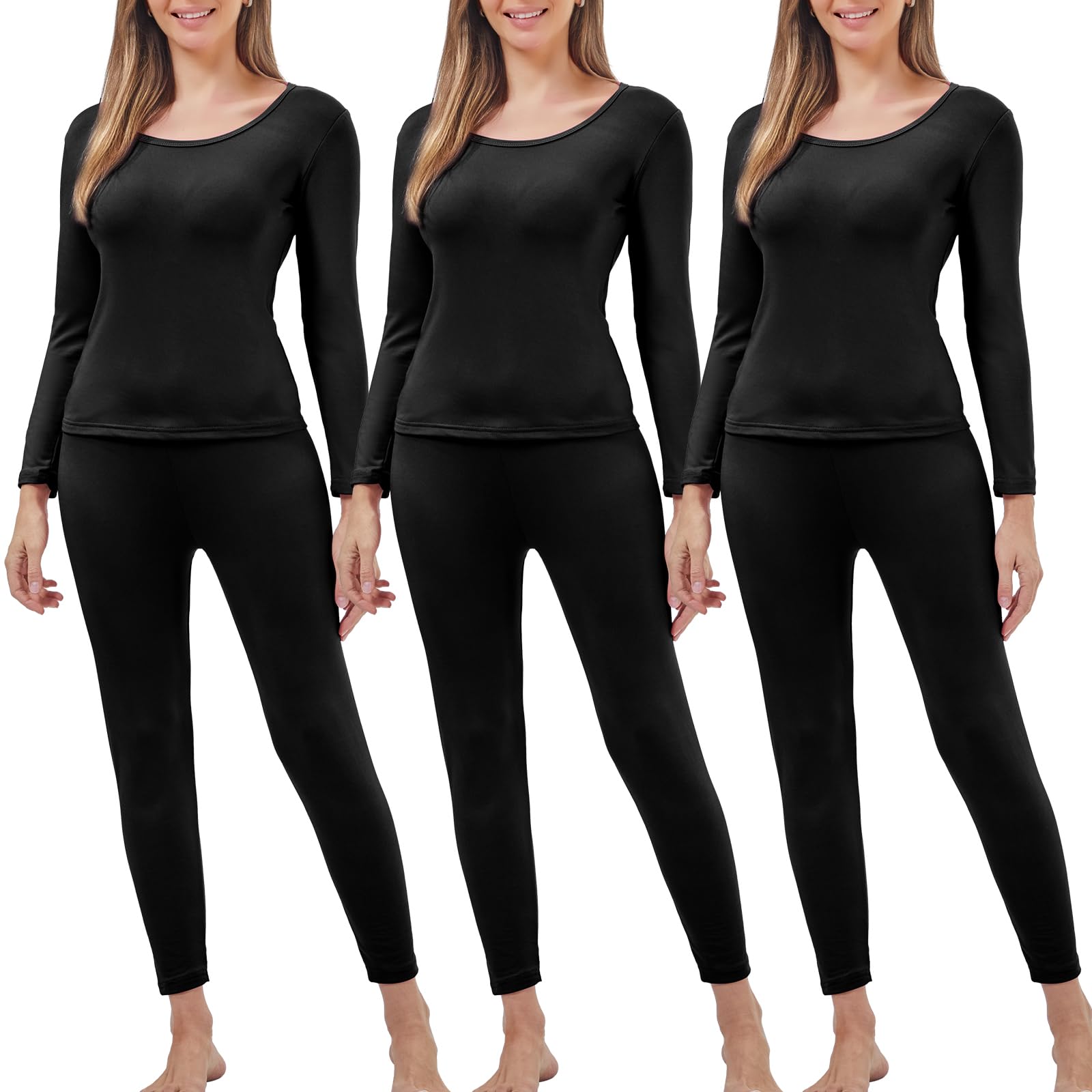 Patelai 3 Sets Thermal Underwear for Women with Fleece Lined Long Underwear Women Base Layer Women Cold Weather(Black, Medium)