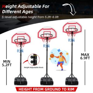 GYMAX Basketball Hoop, Outdoor Indoor 5.2-6.9 FT Adjustable Basketball Goal with Spare Net, Shatterproof Backboard, 2 Wheels, Portable Basketball Stand System for Kids Teens Adults, Gym Court Driveway