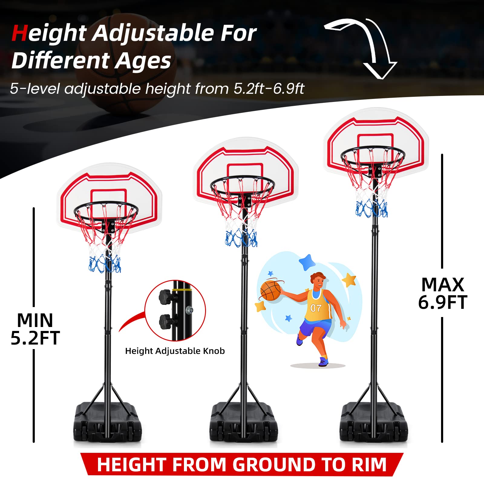 GYMAX Basketball Hoop, Outdoor Indoor 5.2-6.9 FT Adjustable Basketball Goal with Spare Net, Shatterproof Backboard, 2 Wheels, Portable Basketball Stand System for Kids Teens Adults, Gym Court Driveway