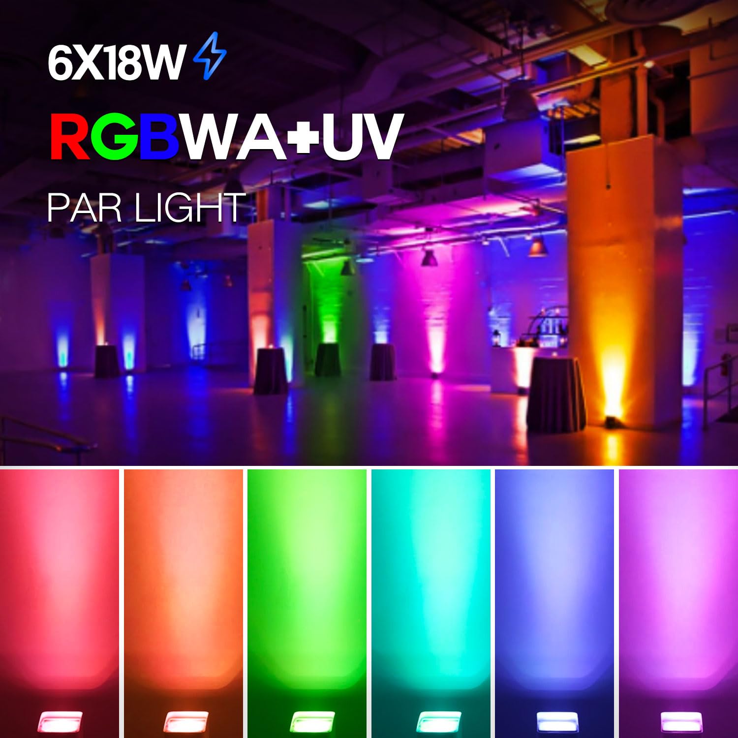 Par Light 6x18W RGBWA+UV Stage Light with WiFi Mobile Phone APP Control for Wedding Stage Party DJ Stage Lights (Black)