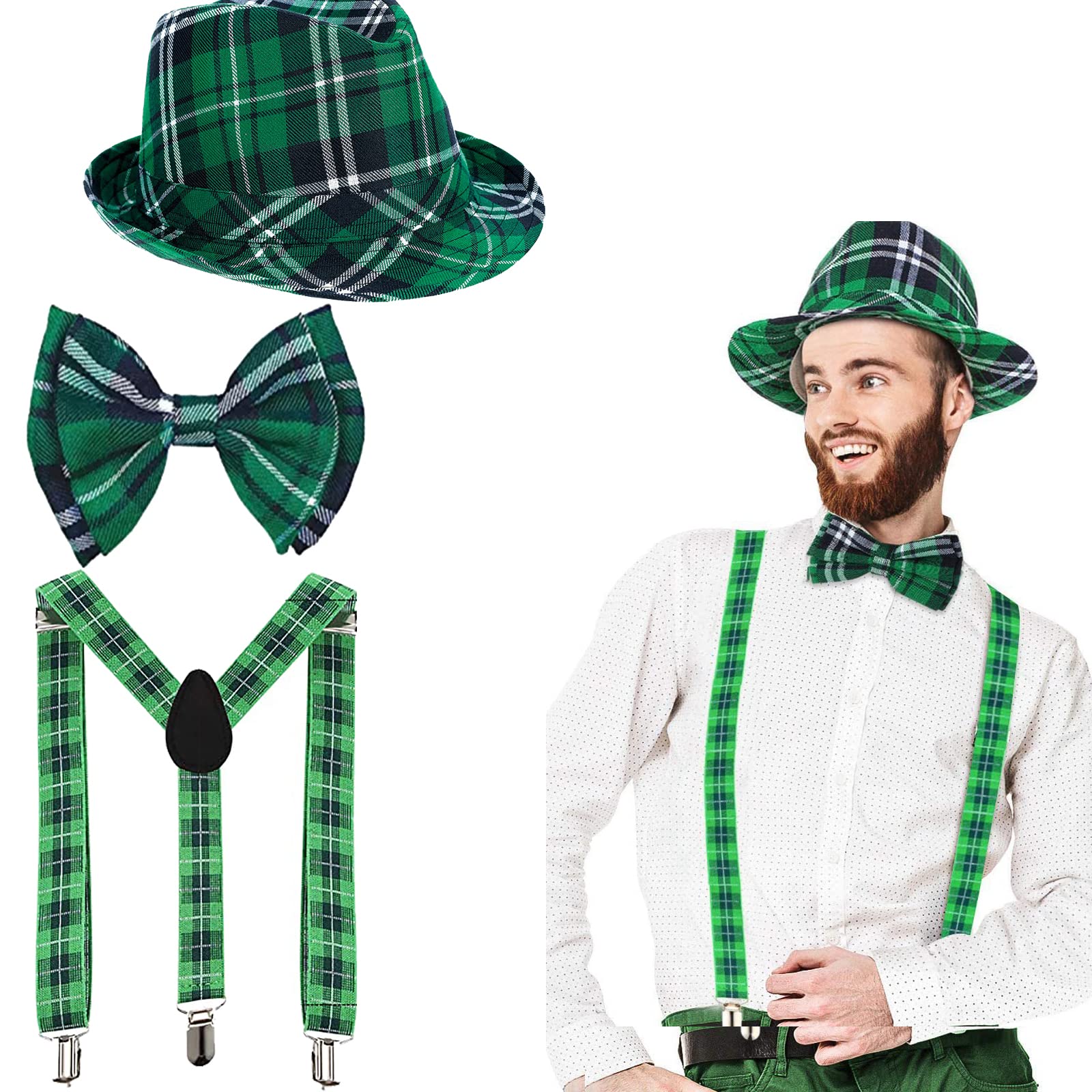 DimiGlobal St Patricks Day Hats Bow Tie and Suspenders Set for Women Men Adult Green Irish outfit Saint Pattys Day hat Green Bow Tie and Suspenders for Girls and boys St Patrick's Day Party Supplies