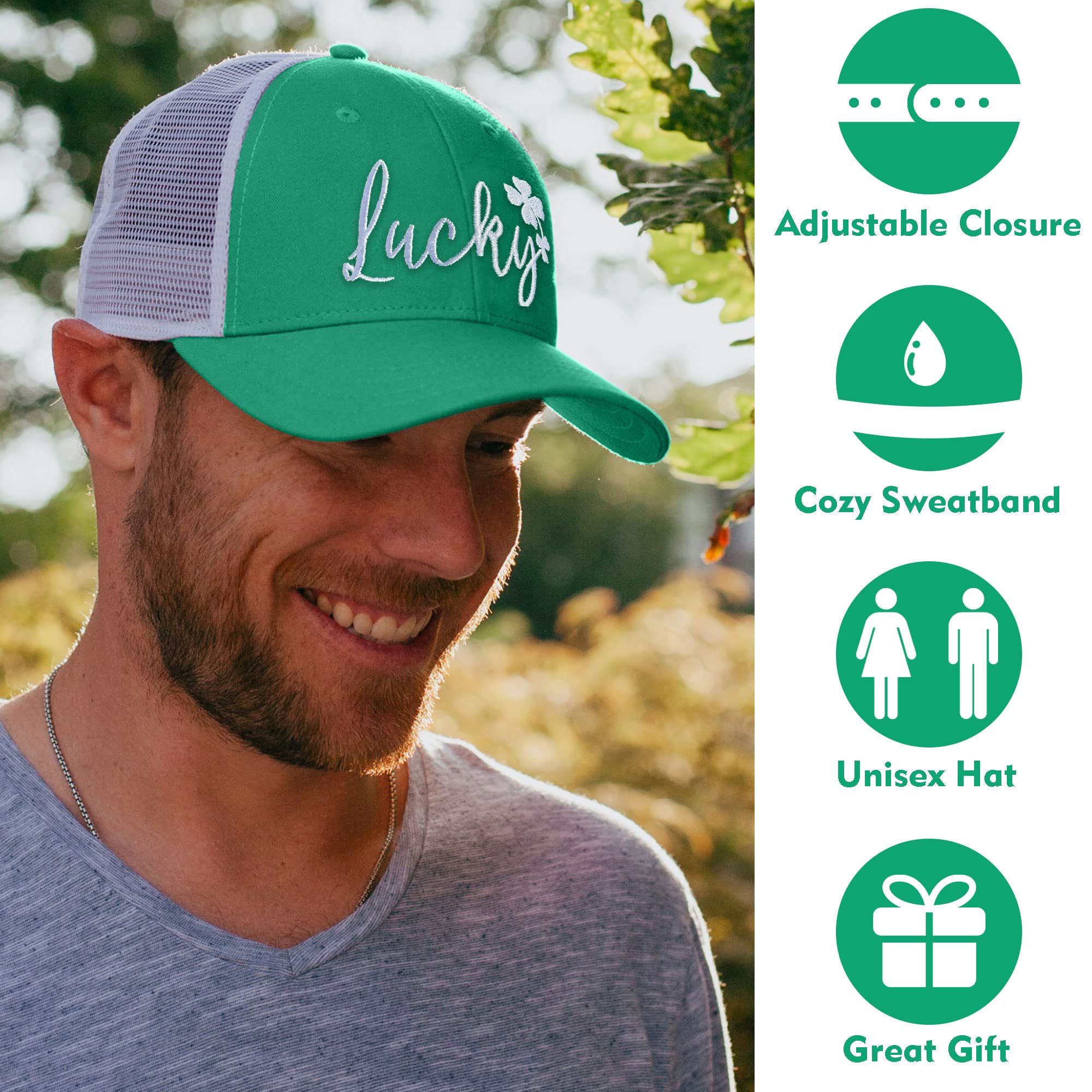 St Patricks Day Embroidered Trucker Hat for Men, Luck Adjustable Washable Green Shamrock Baseball Cap