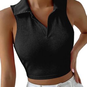 Womens 2 Pack Workout Crop Tops Collared Sleeveless Ribbed Tank Top Athletic Golf Polo Shirts Exercise Gym Yoga Tops