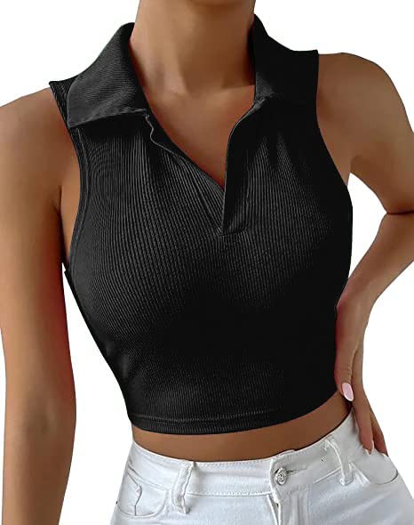 Womens 2 Pack Workout Crop Tops Collared Sleeveless Ribbed Tank Top Athletic Golf Polo Shirts Exercise Gym Yoga Tops