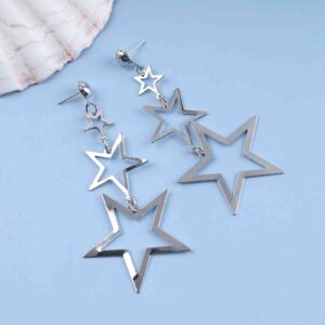 Erimberate Bohemian Star Dangle Earrings Star Drop Earrings Hollow Star Dangling Earrings Long Triple Star Stud Earrings Jewelry for Women and Girls (Silver)