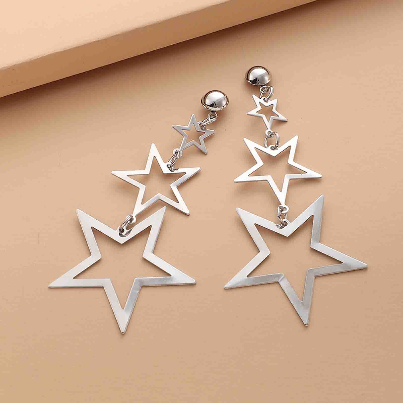 Erimberate Bohemian Star Dangle Earrings Star Drop Earrings Hollow Star Dangling Earrings Long Triple Star Stud Earrings Jewelry for Women and Girls (Silver)