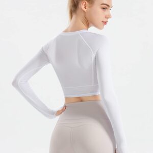 Women Fitness Seamless Long Sleeve Crop Workout Yoga Tops Gym Running Thumb Hole Shirts White L