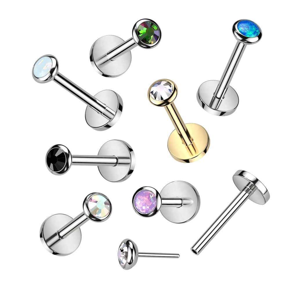 Amelia Fashion 18 GA Implant Grade Titanium Threadless Push In Labret, Flat Back Stud With Round Flat Bezel Set CZ or Opal Top (Choose Color) (Vitrail Medium)