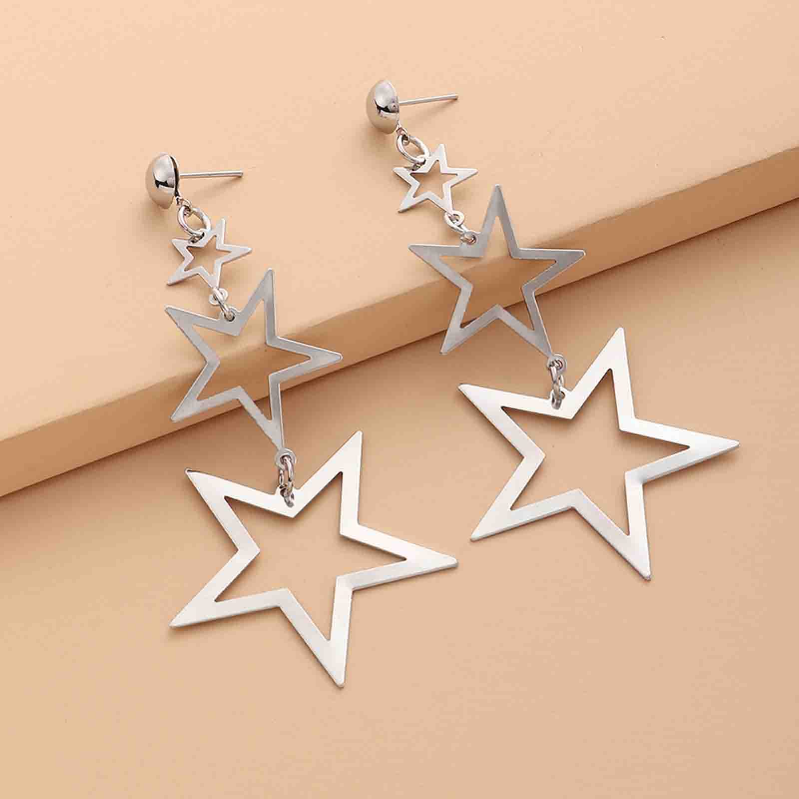 Erimberate Bohemian Star Dangle Earrings Star Drop Earrings Hollow Star Dangling Earrings Long Triple Star Stud Earrings Jewelry for Women and Girls (Silver)