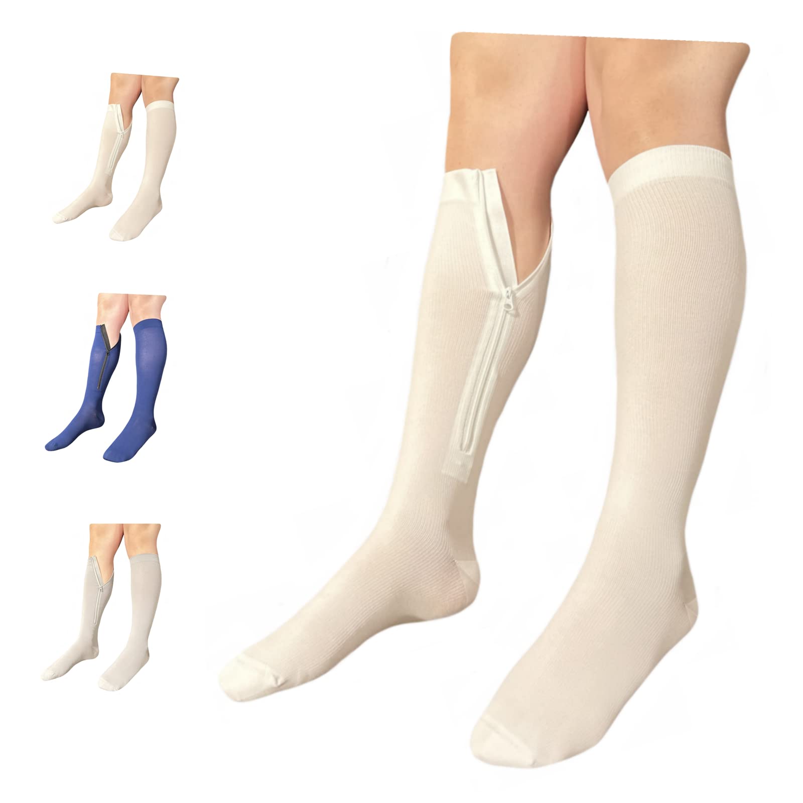 Ziperior Closed Toe 15-20 mmHg Compression White Navy Gray Inside Zipper Socks (White, 2X-Large)